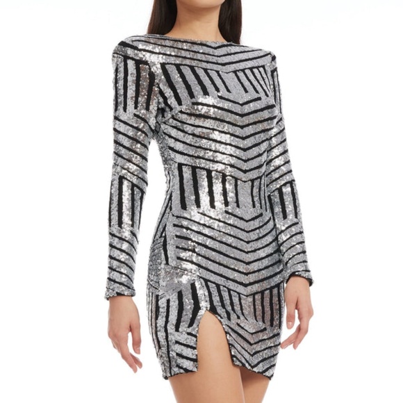 Dress The Population. Directional Stripe Long Sleeve Cocktail Mini Dress. - Picture 1 of 15